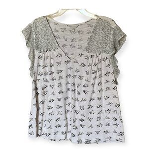 Lucky Brand Floral Print V-Neck Ruffle Sleeve Lightweight Shirt Size Medium